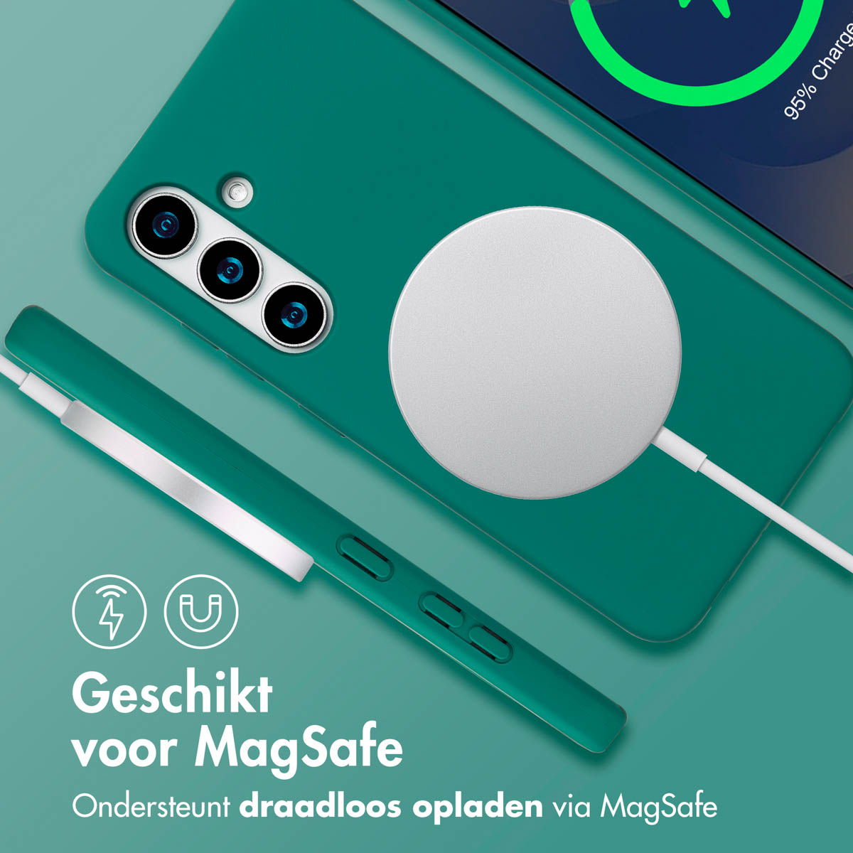 Une coque de téléphone verte avec un chargeur blanc. La batterie affiche 95% de charge.