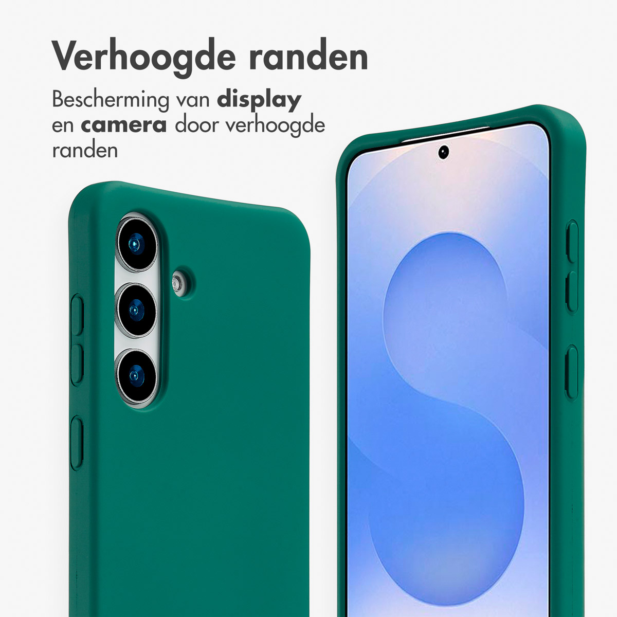 Coque de téléphone verte avec bords surélevés. Protection de l'écran et de la caméra. Autre téléphone visible.