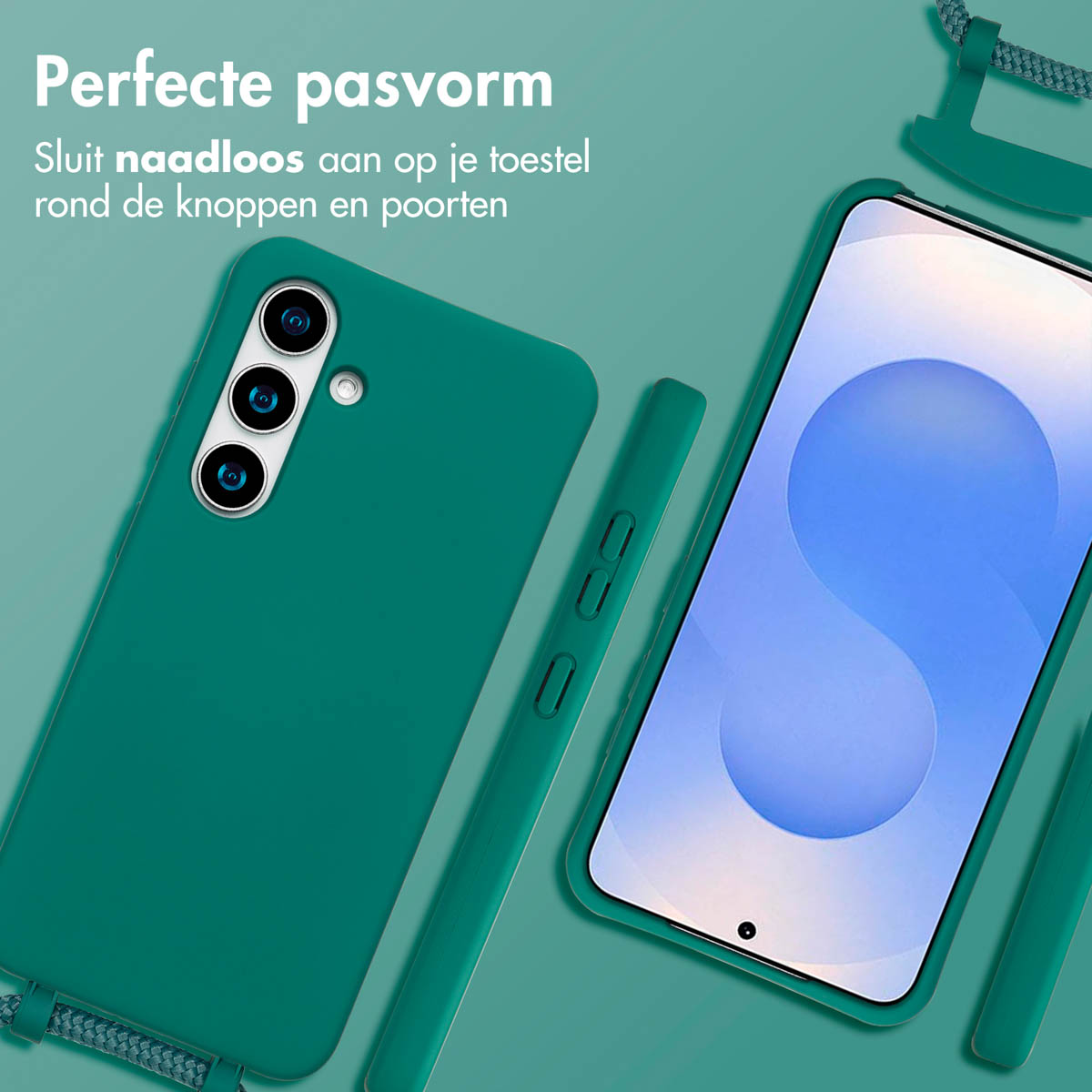 Coque de téléphone verte et téléphone avec trois caméras. Ajustement parfait. Plusieurs vues sont données.