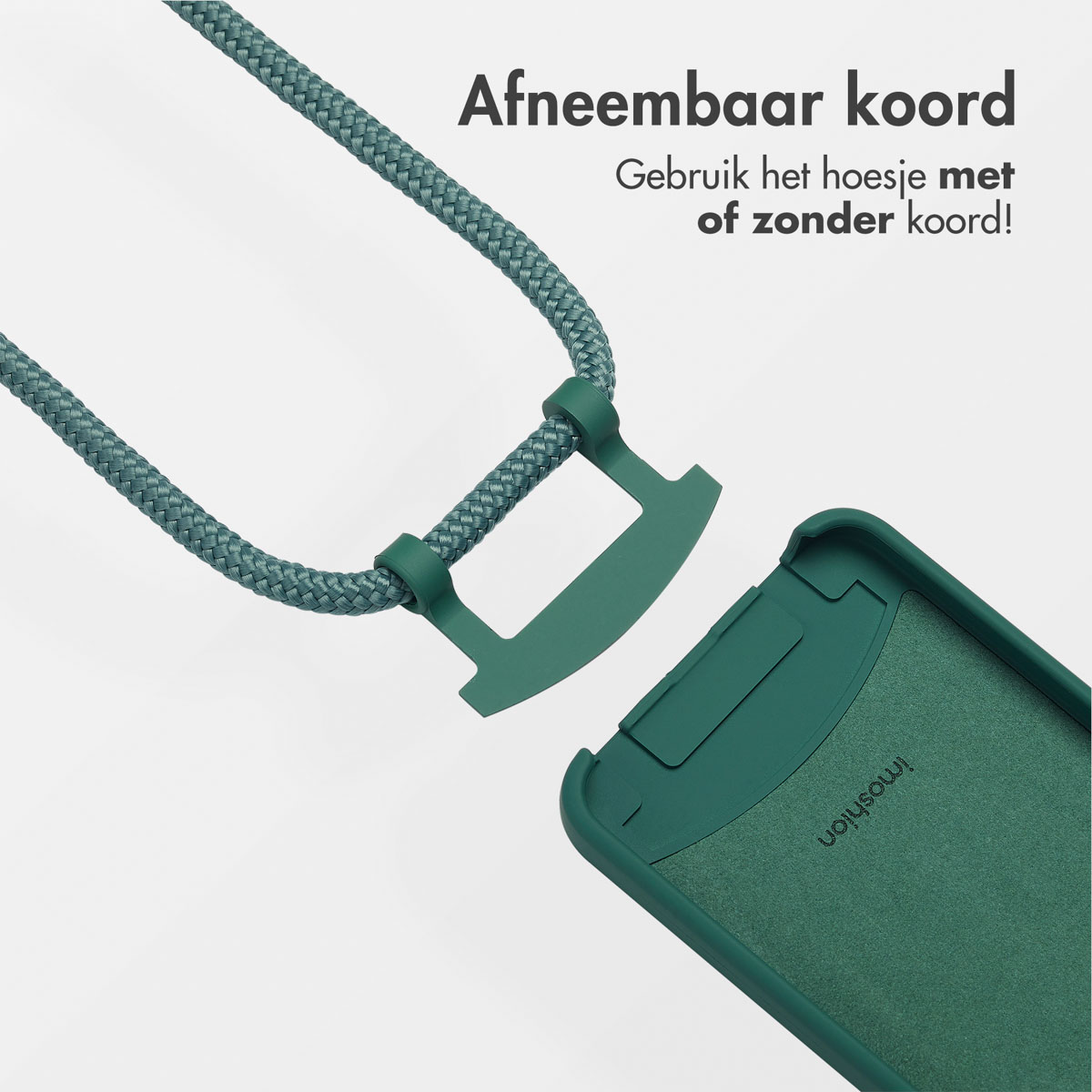 Coque de téléphone verte et cordon gris, avec un crochet. Cordon détachable.
