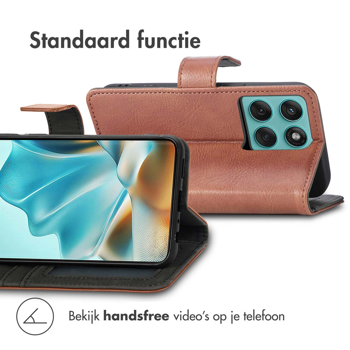 Une coque de téléphone marron avec un téléphone à l'intérieur. Le téléphone affiche une vidéo. Le fond est blanc.
