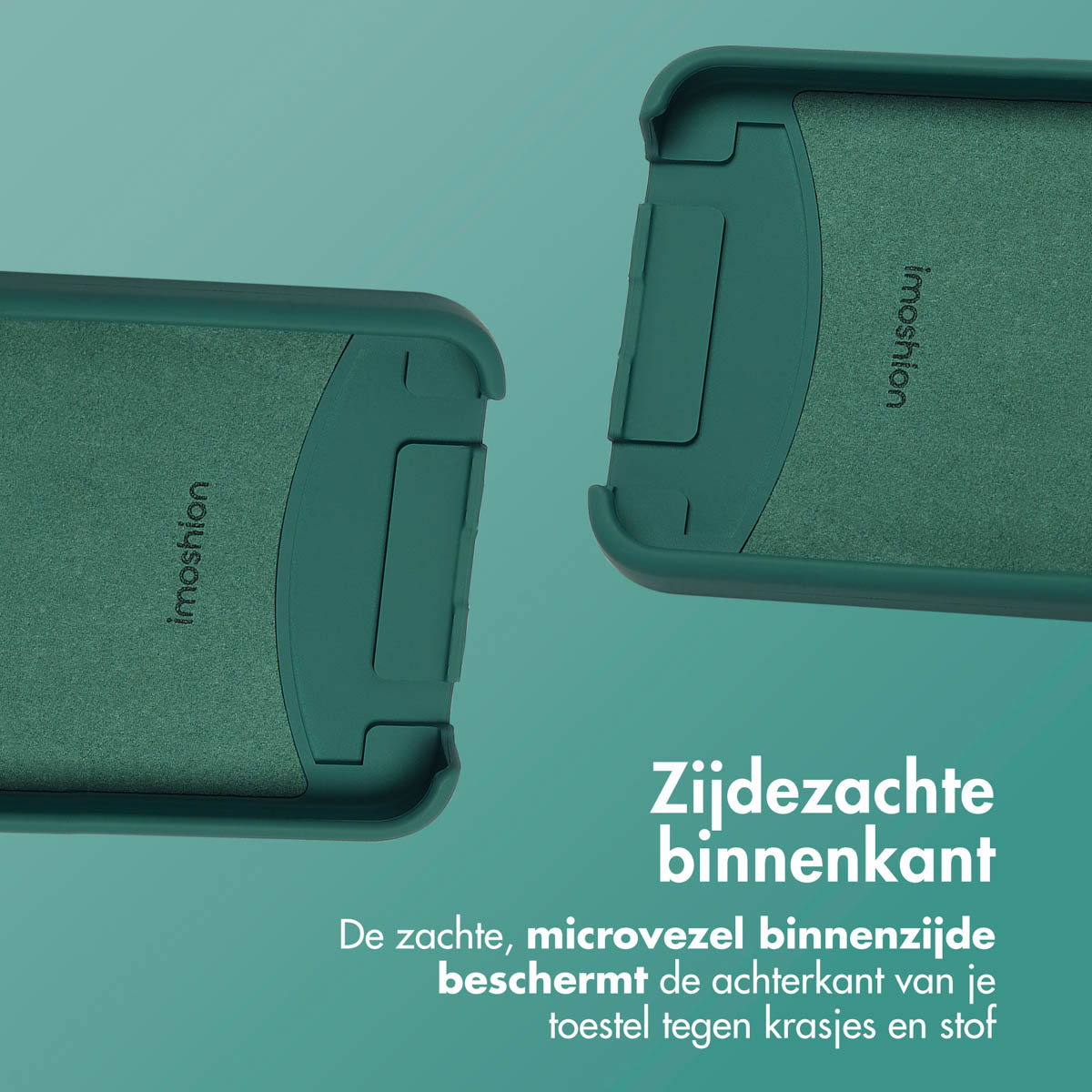 Coque de téléphone verte à l'intérieur. Intérieur doux, protégeant l'arrière. Autre téléphone visible.