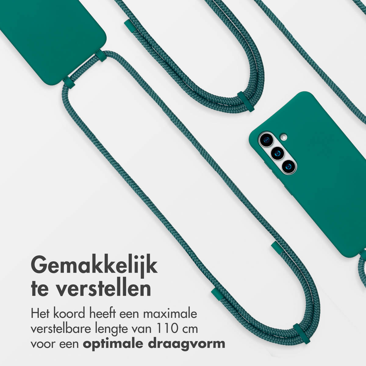 Coque de téléphone verte avec cordon vert. Cordon facilement réglable. Le téléphone est également visible.
