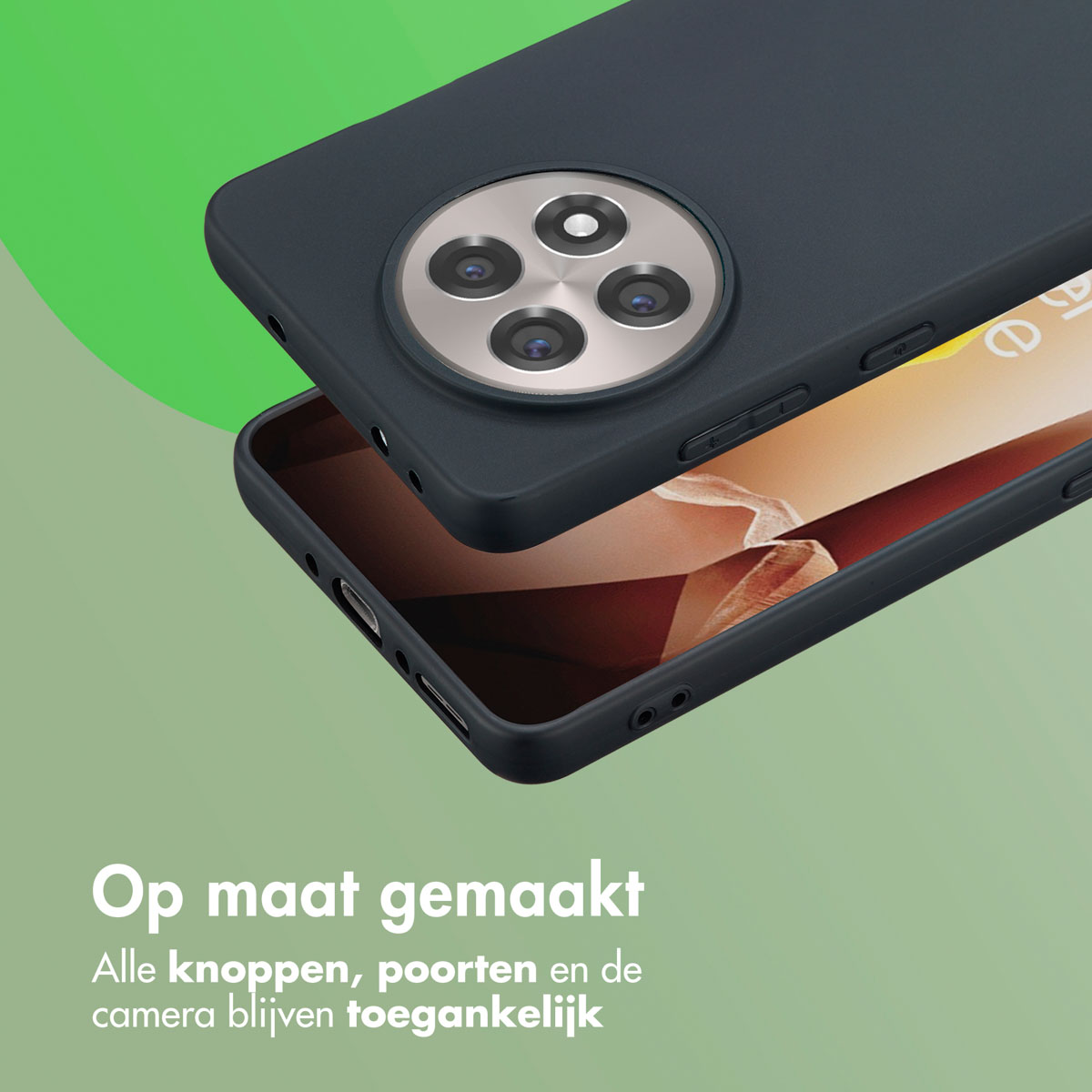 Een telefoonhoesje met een camera-array. De telefoonhoes ligt bovenop een andere hoes. Groene achtergrond.