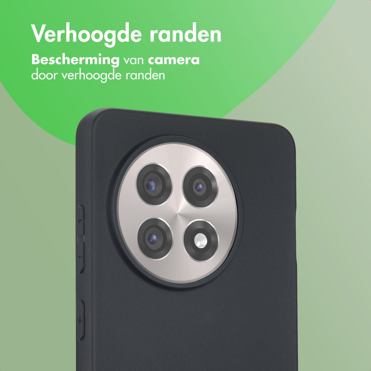 Een telefoonhoesje met een camera-array. De camera is zichtbaar. Groene achtergrond.