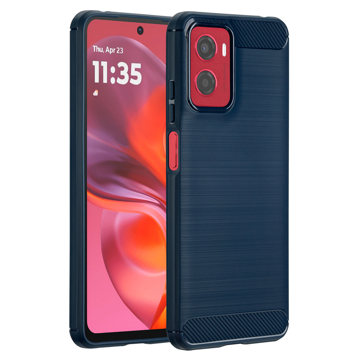 Une coque de téléphone bleue avec une zone rouge pour la caméra et l'écran affichant l'heure.