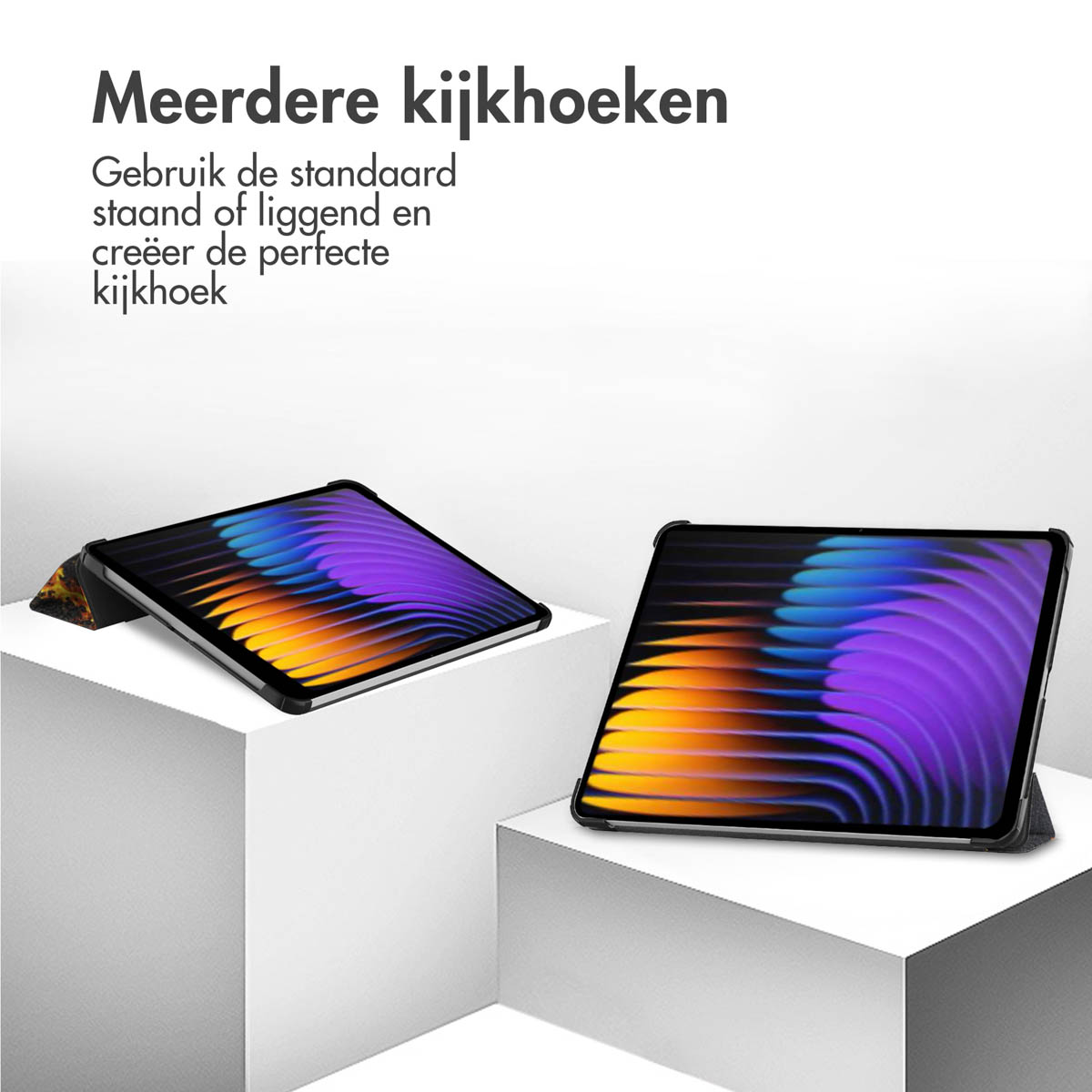 Two tablets on white surfaces, one in a stand. Text says multiple viewing angles.