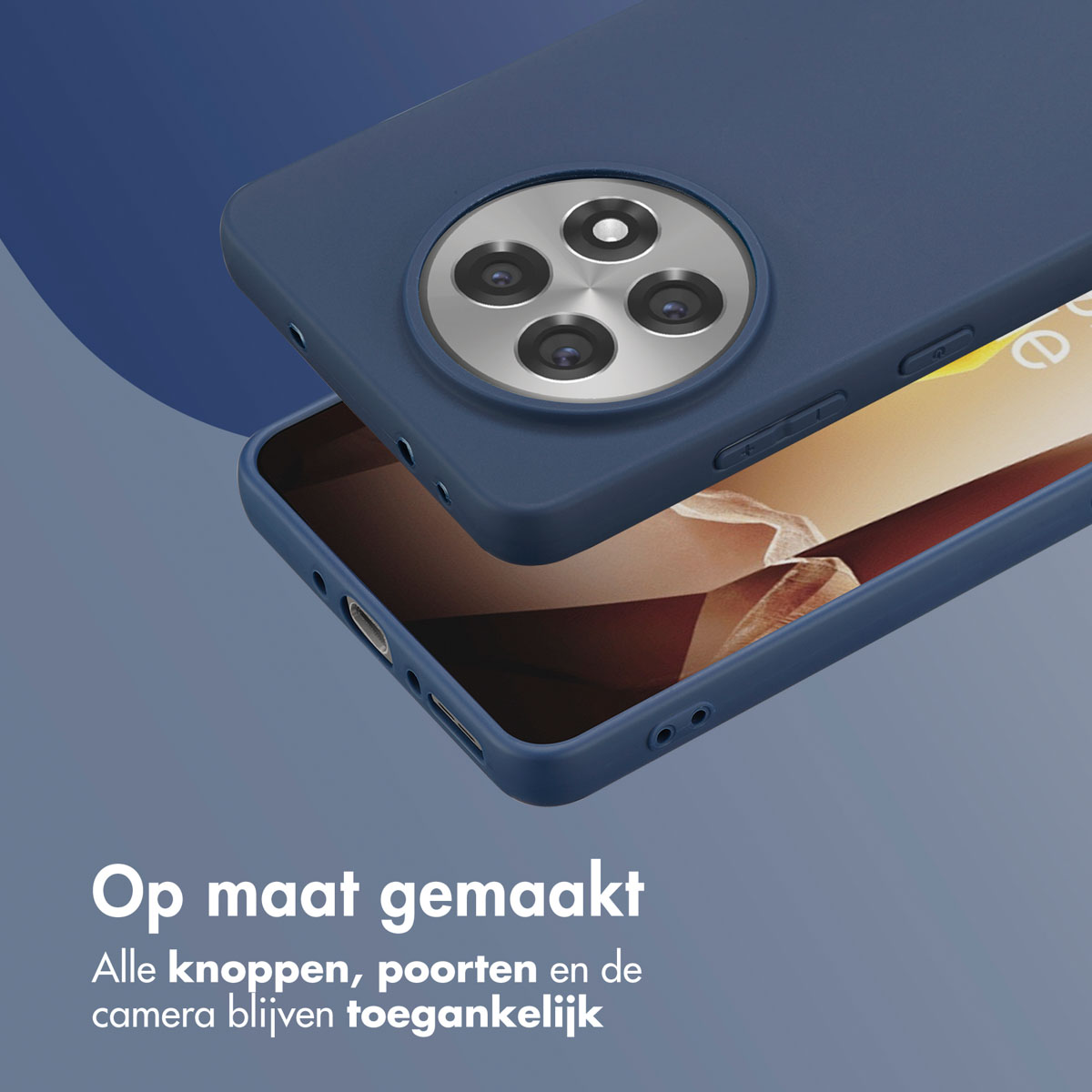 Een blauwe telefoonhoes met een telefoon erin. De telefoon heeft een cameramodule.