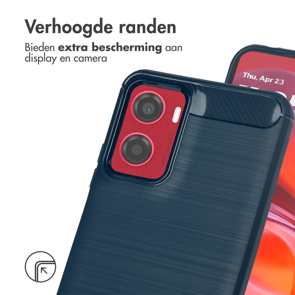 Gros plan d'une coque avec des bords surélevés. Un écran de téléphone est visible.