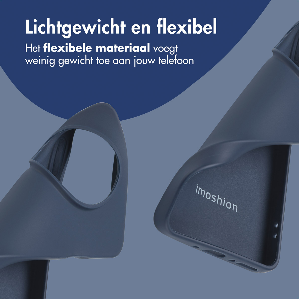 Twee blauwe telefoonhoesjes. Eén toont de binnenkant, de andere de buitenkant met de tekst 'imoshion'.