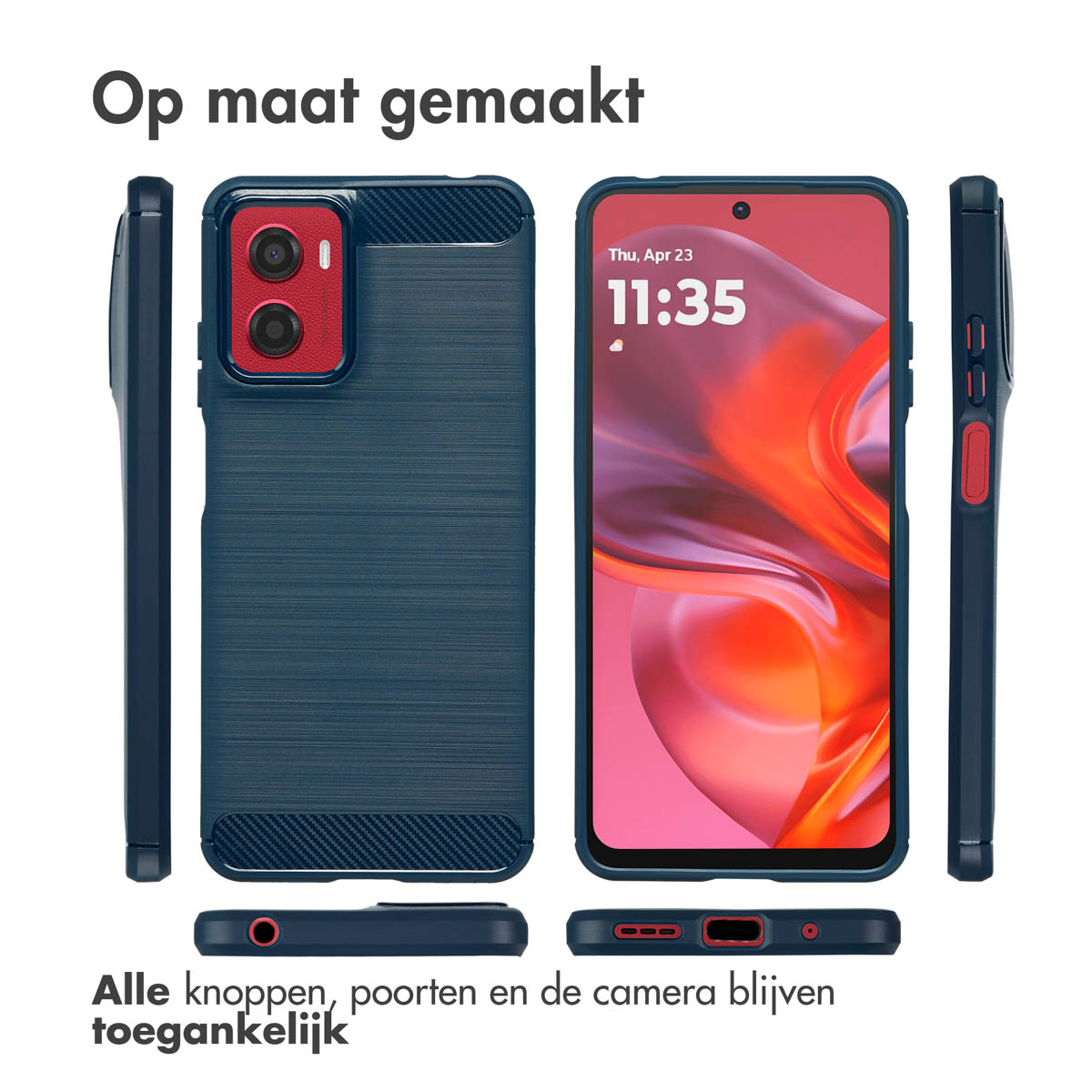 Plusieurs vues d'un téléphone dans un étui bleu. Le téléphone a une zone rouge pour la caméra.