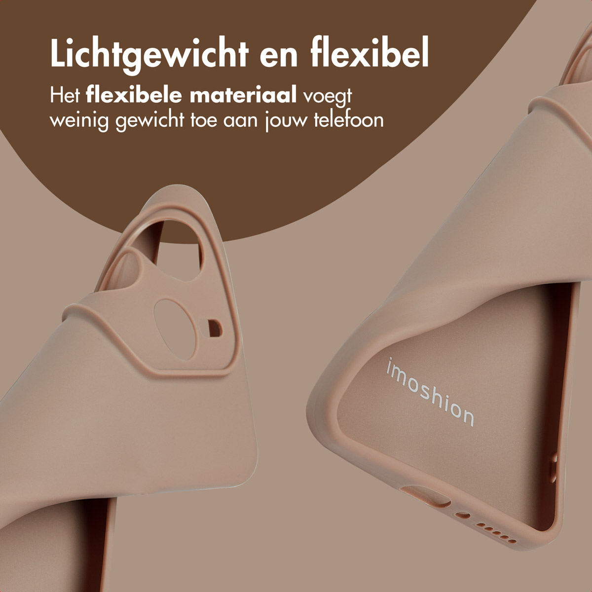 Deux coques de téléphone marron clair. L'une montre l'intérieur, l'autre l'extérieur avec le texte 'imoshion'.