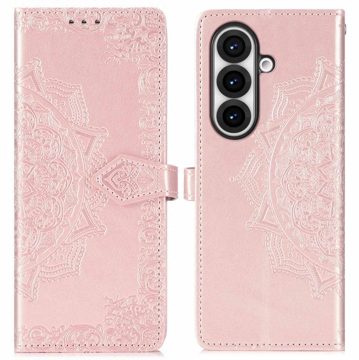 Roze telefoonportemonnee, open, toont een telefoon rechts en een bloemmotief links.