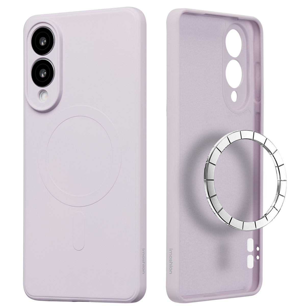 Twee lavendelkleurige telefoonhoesjes. Eén toont de achterkant, de andere de binnenkant met een ringhouder.