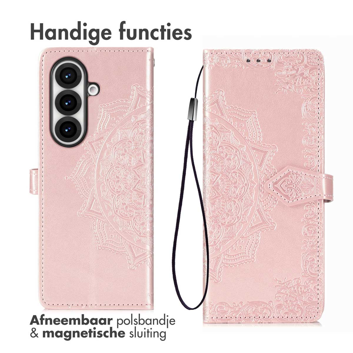 Roze telefoonportemonnee met een bloemmotief. Open, met de telefoon, kaartsleuven en magnetische sluiting.