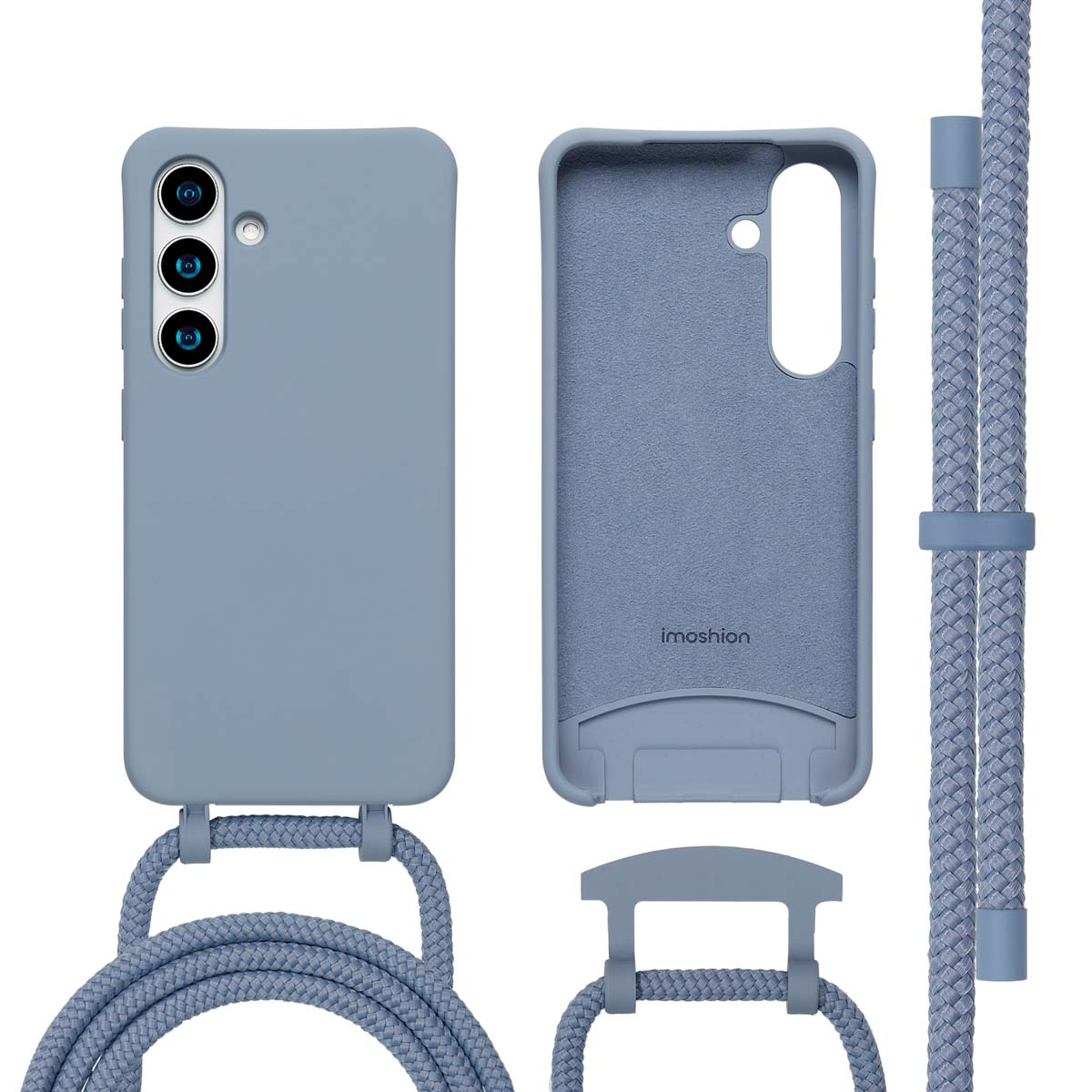 Een lichtblauwe telefoonhoes met een riem en een telefoon erin.