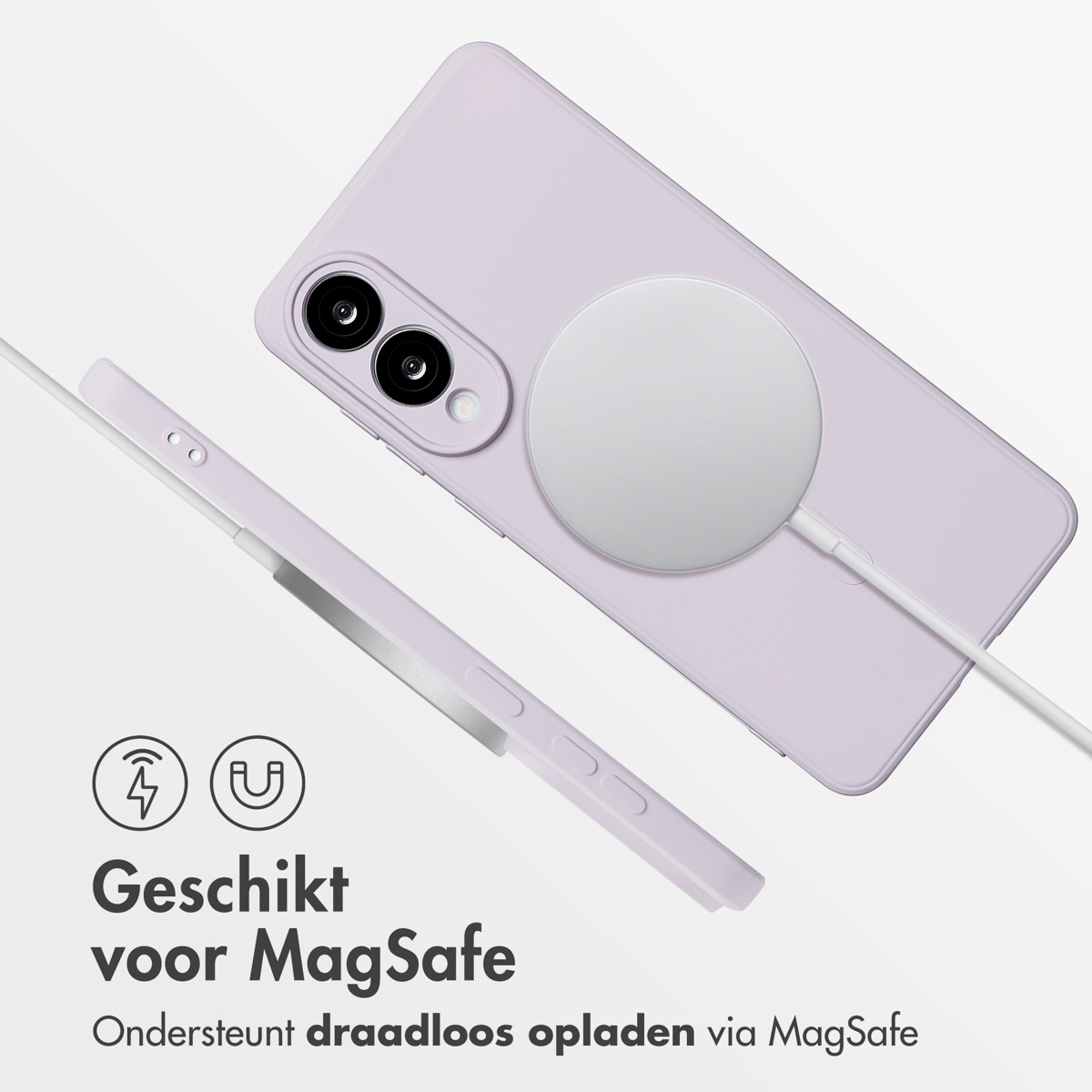 Paarse telefoonhoes met een witte MagSafe-oplader. Nederlandse tekst over MagSafe-compatibiliteit.