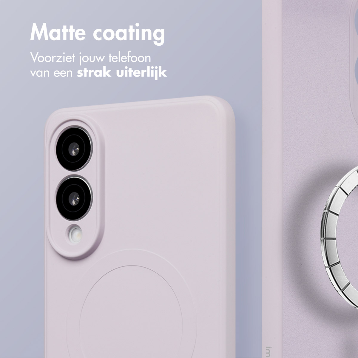 Paarse telefoonhoes en een ringhouder. De hoes is lichtbruin. Nederlandse tekst over de matte coating.