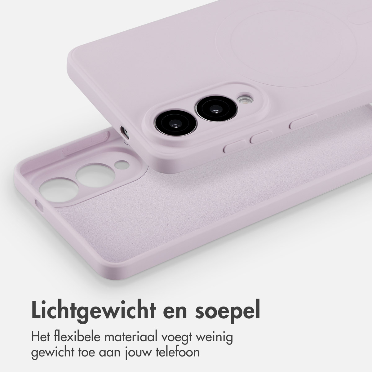 Lichtpaarse telefoonhoes met telefoon erin. De hoes is open.