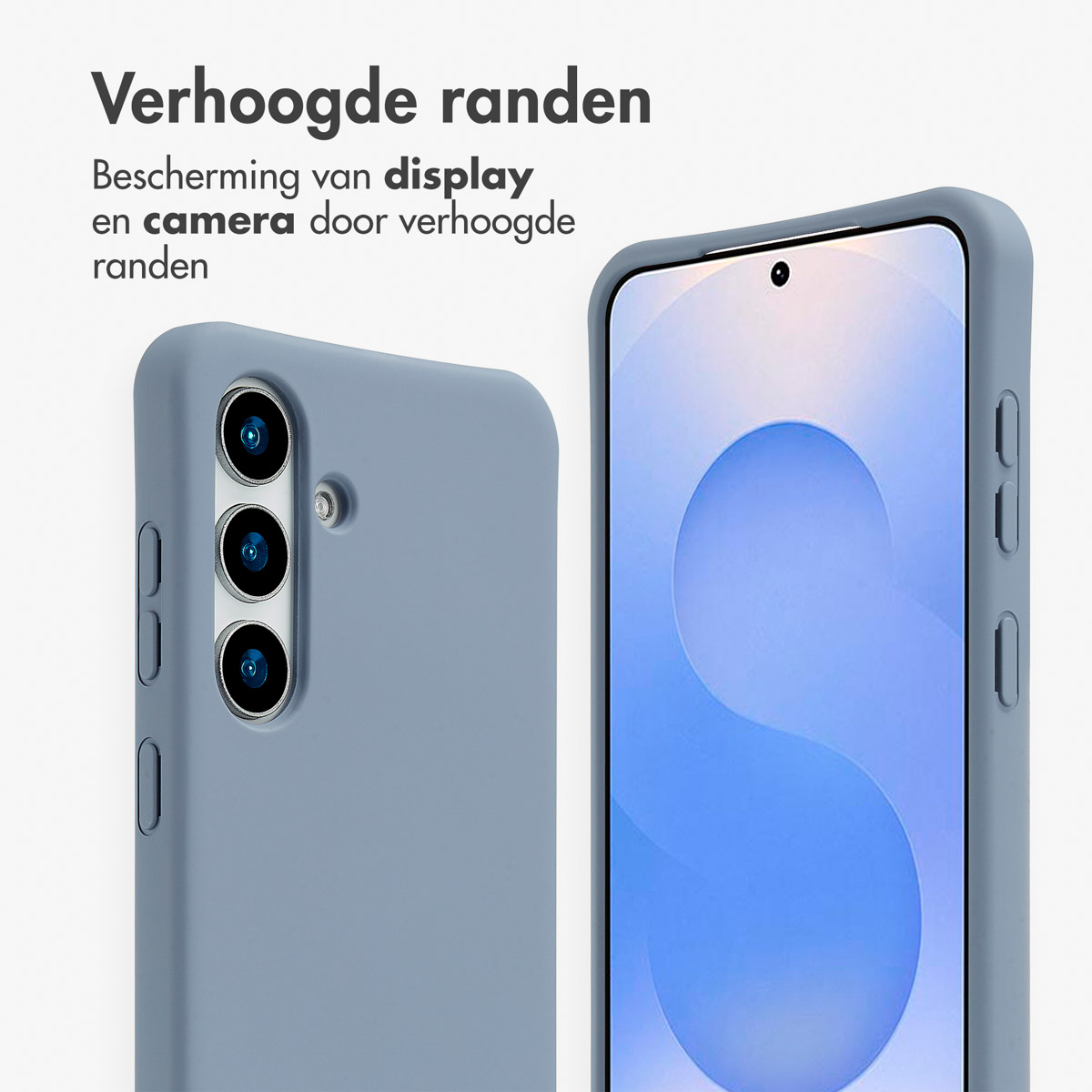 Een lichtblauwe telefoonhoes met een telefoon erin, met camera en scherm zichtbaar.