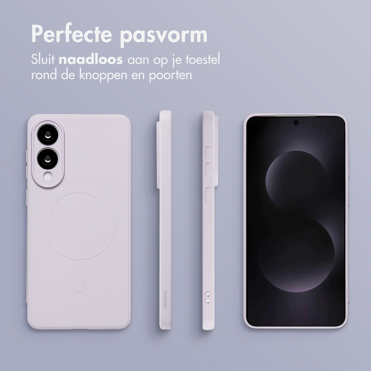 Lila telefoonhoesjes, die een perfecte pasvorm rond knoppen en poorten laten zien, met zwart scherm.