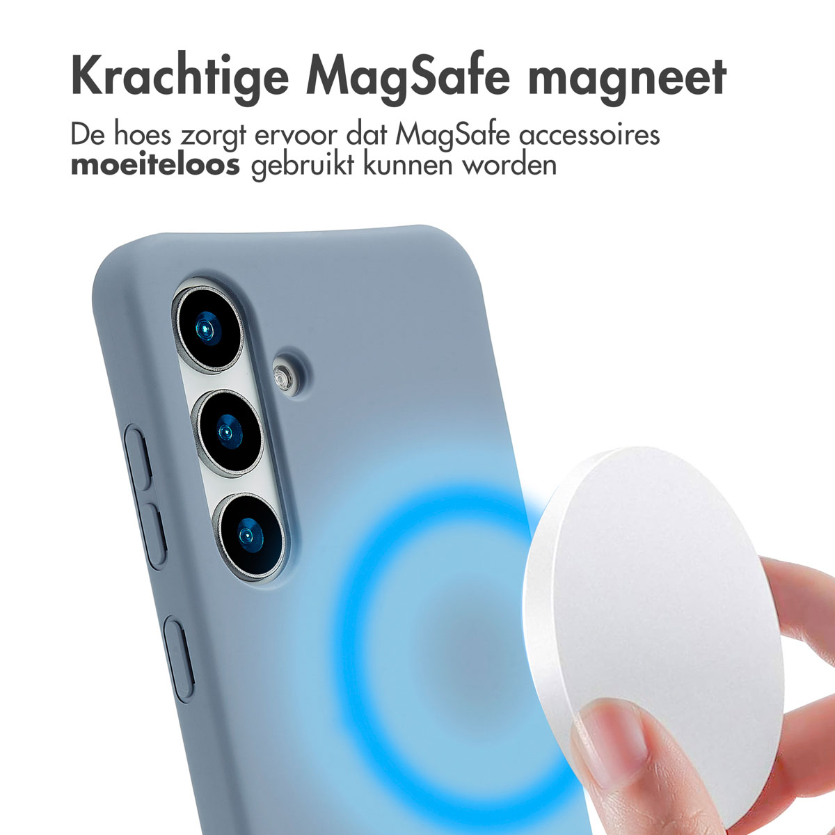 Een lichtblauwe telefoonhoes met een oplader. Een blauwe cirkel geeft MagSafe aan.