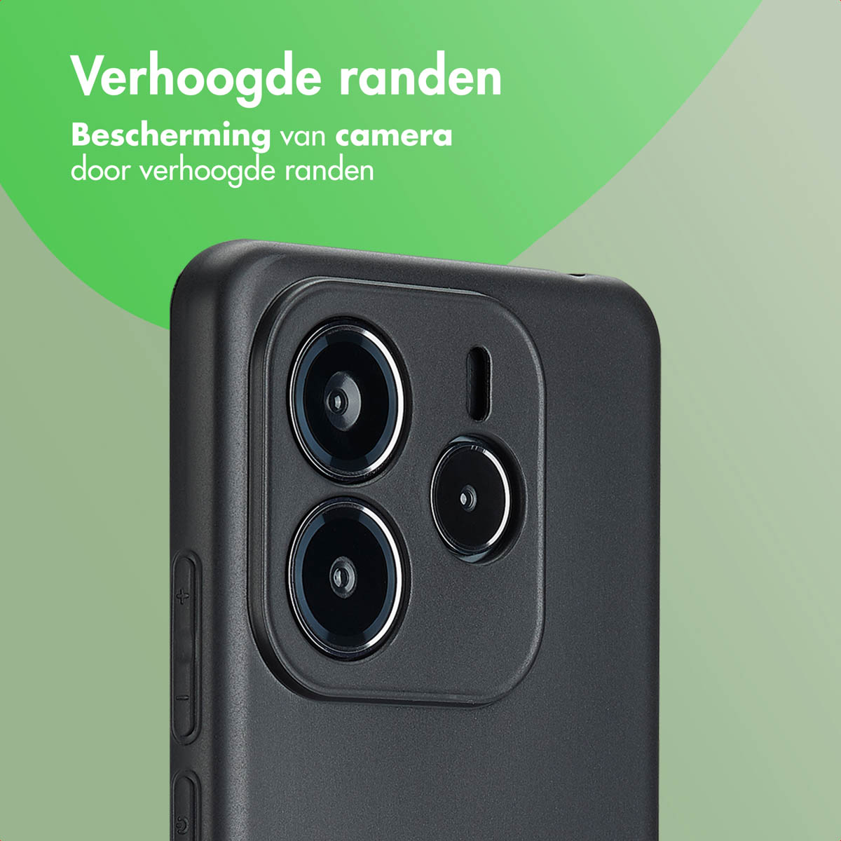 Coque de téléphone noire avec bords surélevés, protégeant la caméra. Le fond est vert.