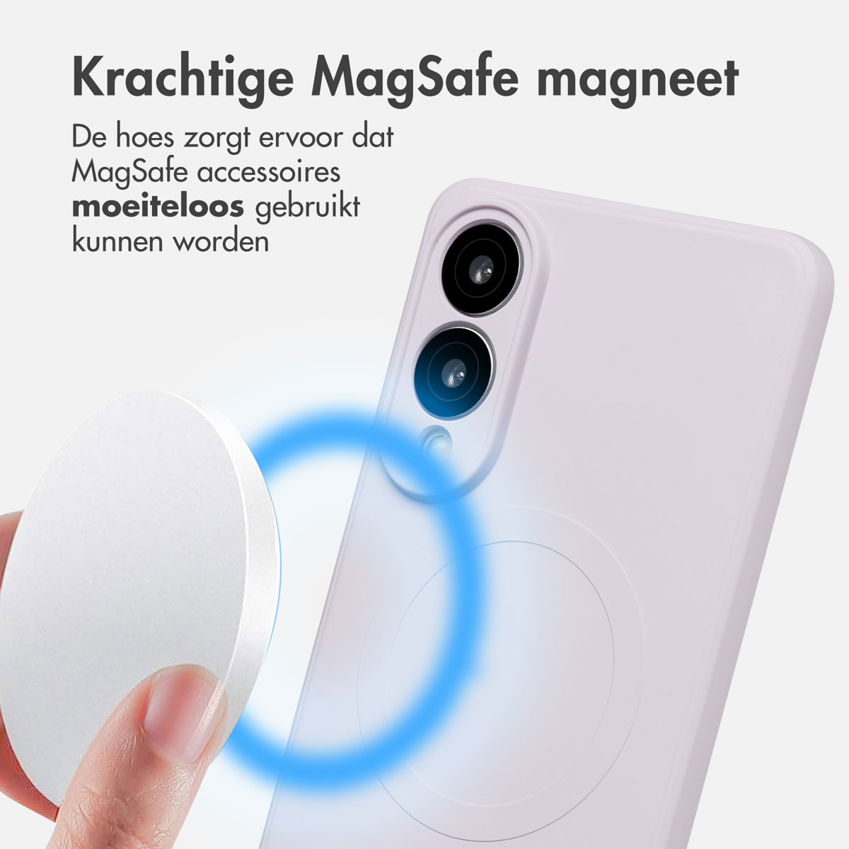 Lichtblauwe telefoonhoes met witte oplader. Een blauwe cirkel wordt getoond.