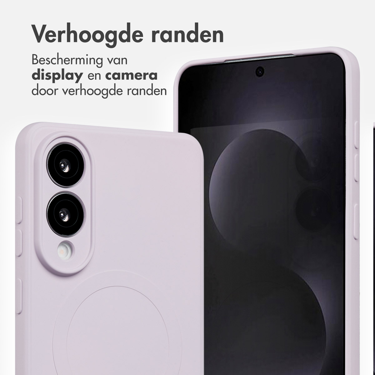 Een paarse telefoonhoes en telefoon met zwart scherm. De hoes heeft verhoogde randen. Witte achtergrond.