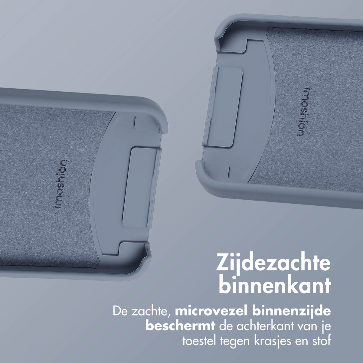 Twee grijze telefoonhoesjes, één open, met een zacht interieur.