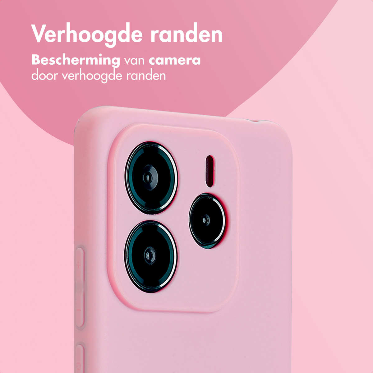 Een roze telefoonhoes met verhoogde randen, die de camera beschermt. Roze achtergrond.