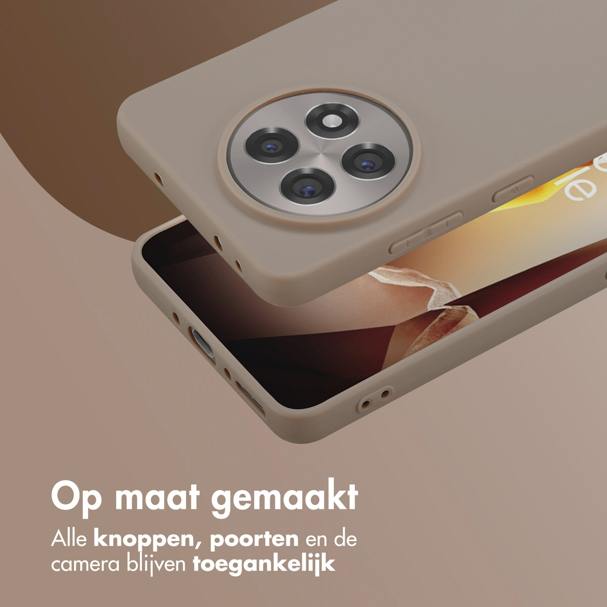 Beige telefoonhoesje met telefoon, toont knoppen, poorten en camera.