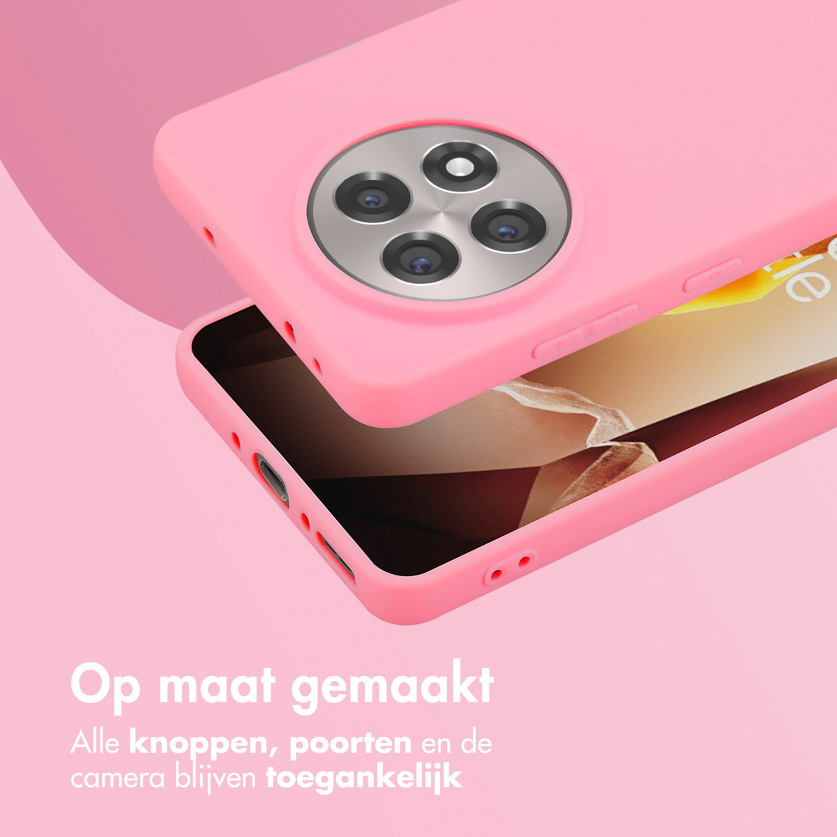 Roze telefoonhoesje met telefoon, benadrukt pasvorm en toegankelijkheid van knoppen en camera.