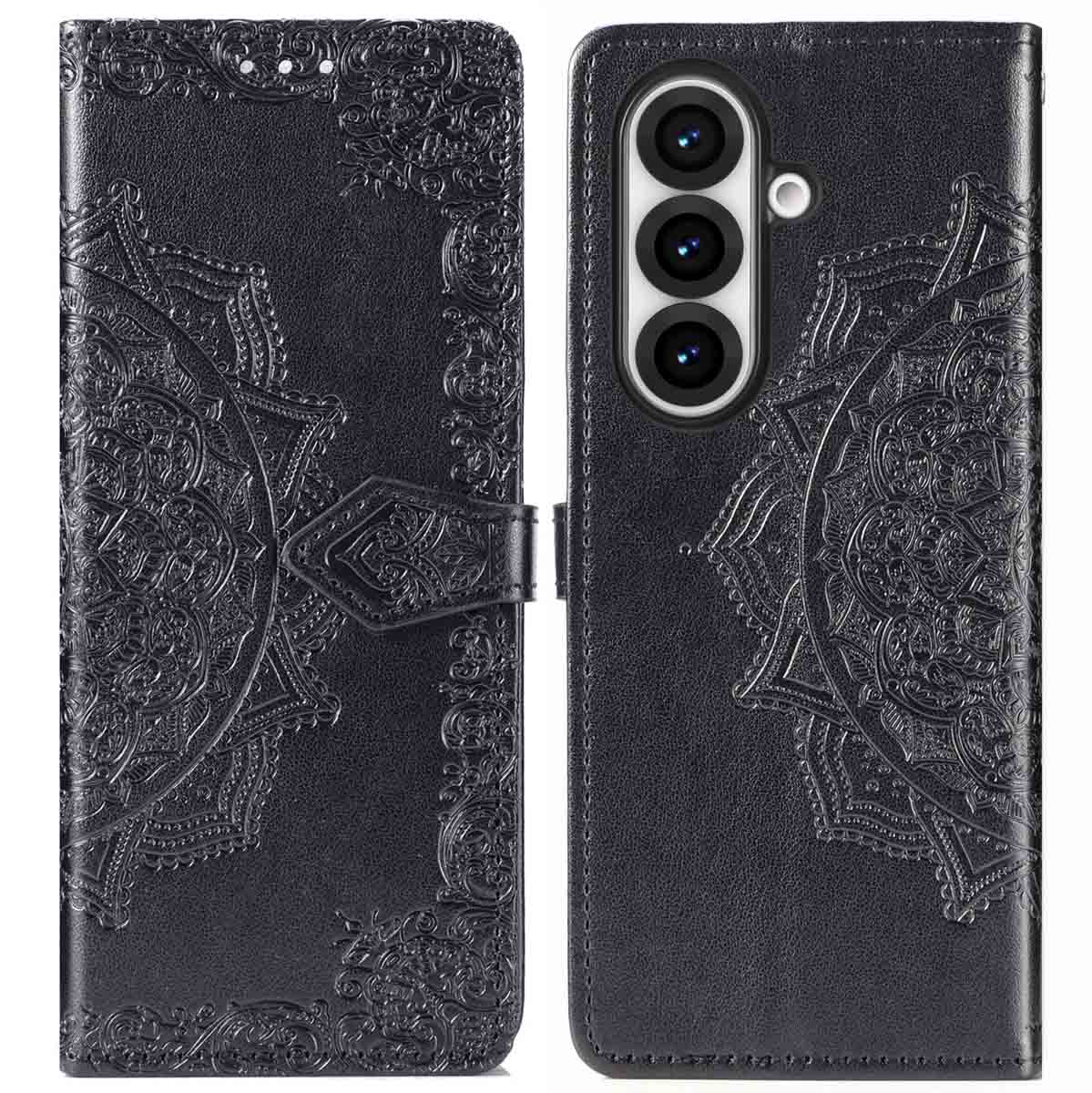 Zwart, versierd telefoonhoesje met mandala ontwerp, open met telefoon en kaarten.
