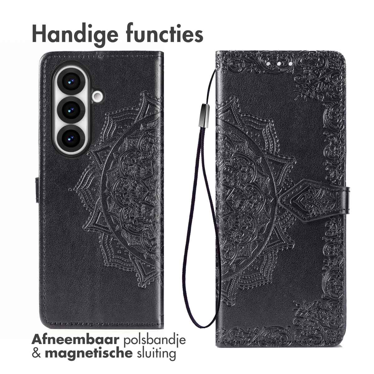 Zwart telefoonhoesje met mandala ontwerp, open, toont telefoon en afneembare polsriem.