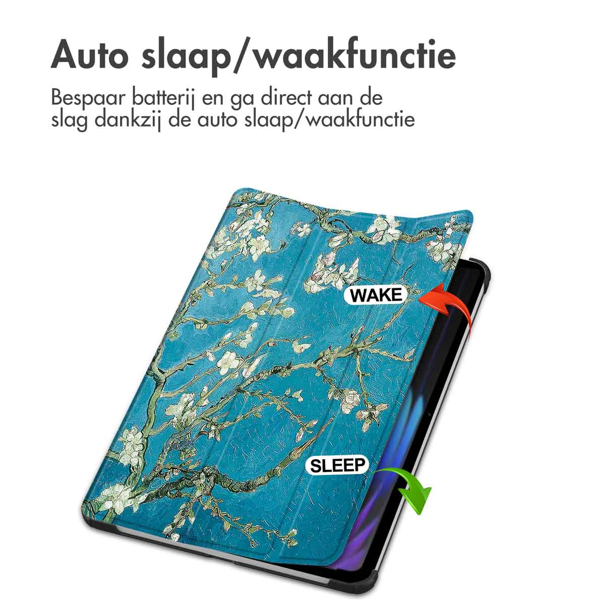 Tablet case open, depicting sleep/wake function, with a blue background and floral design.