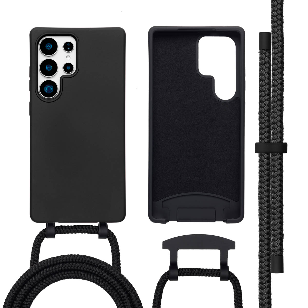 Zwart telefoonhoesje met zwart koord, telefoon en hoesje componenten.