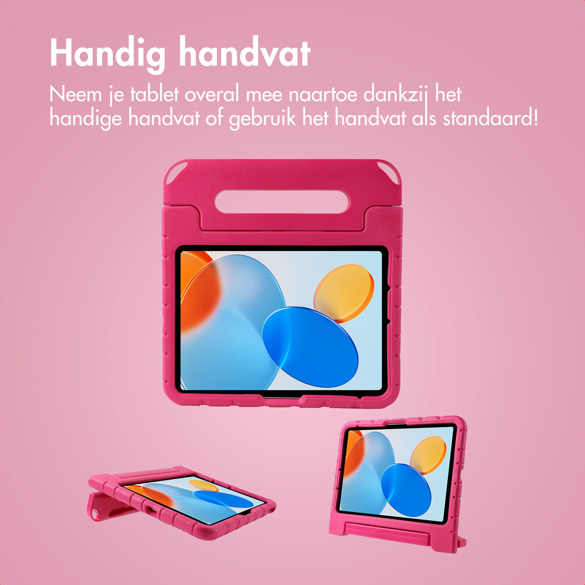 Pink tablet case with handle. Multiple angles of the case are shown.