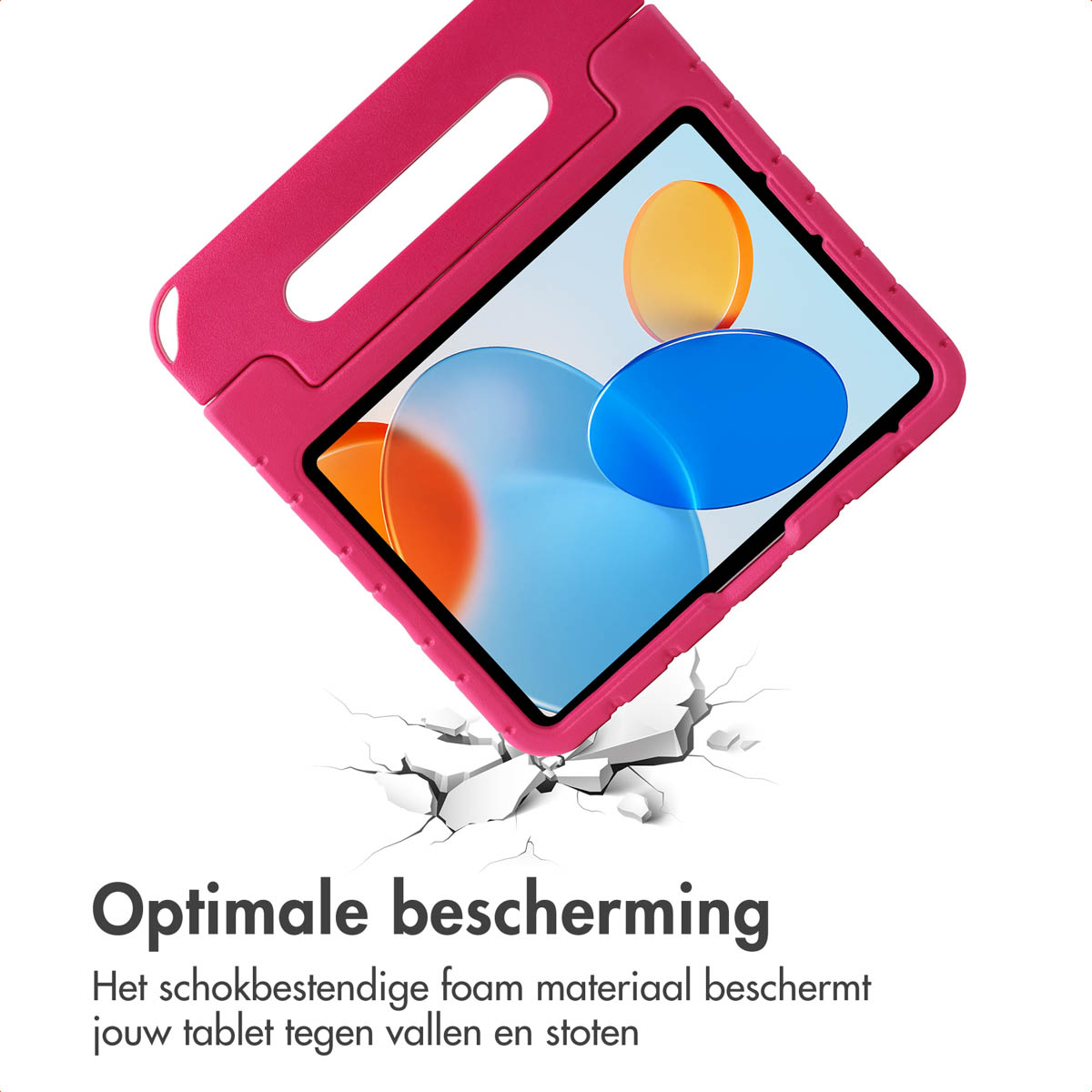 Pink tablet case being dropped, with cracks showing the protective, shock-resistant foam.