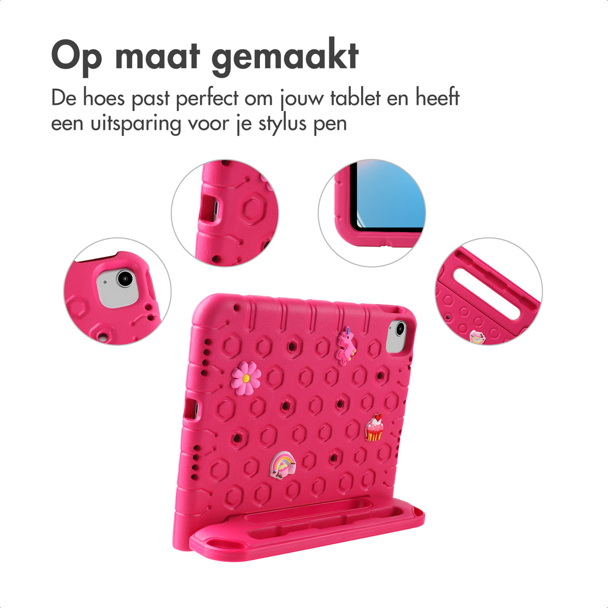 Pink tablet case with a stylus pen holder. Multiple views of the case are shown.