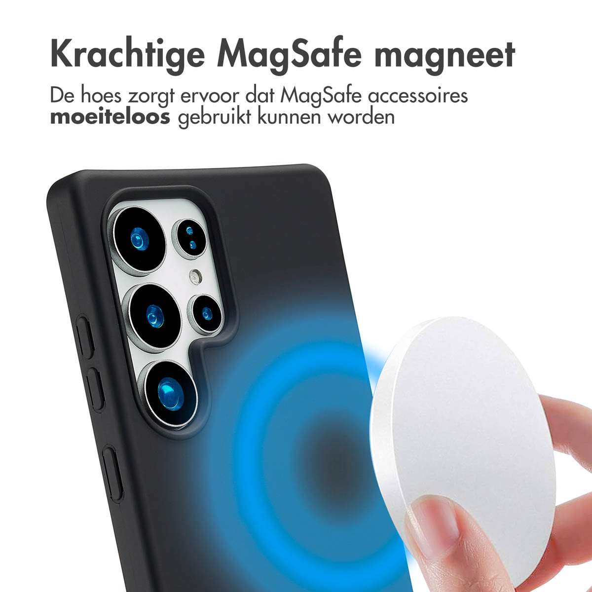 Zwarte telefoonhoes met een MagSafe-accessoire bevestigd. Het accessoire is wit.