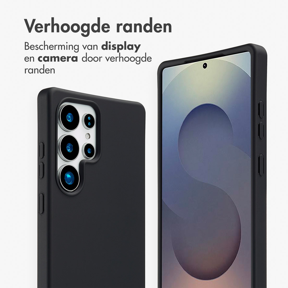 Zwarte telefoonhoes met scherm- en camerabescherming. De hoes heeft verhoogde randen.