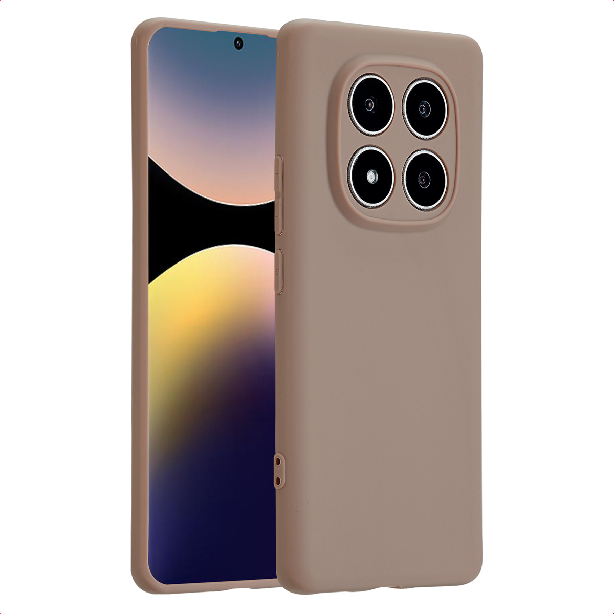 Telefoonhoesje in een beige kleur, bedekt de telefoon. Toont camera-uitsparingen en zijknoppen.