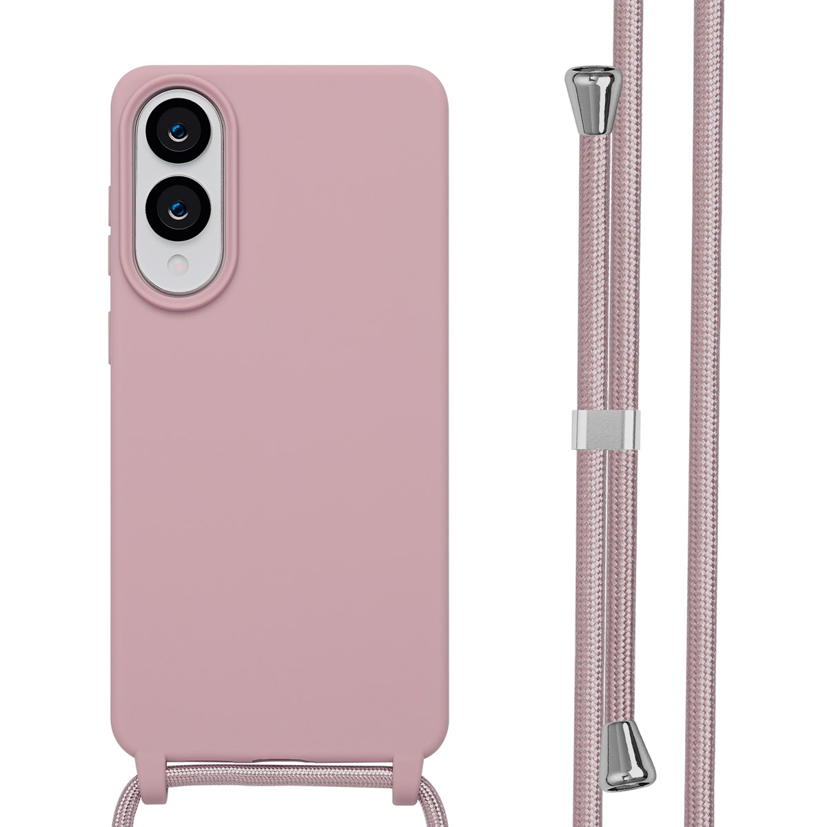 Coque de téléphone rose avec deux caméras et une sangle. La sangle est également rose.