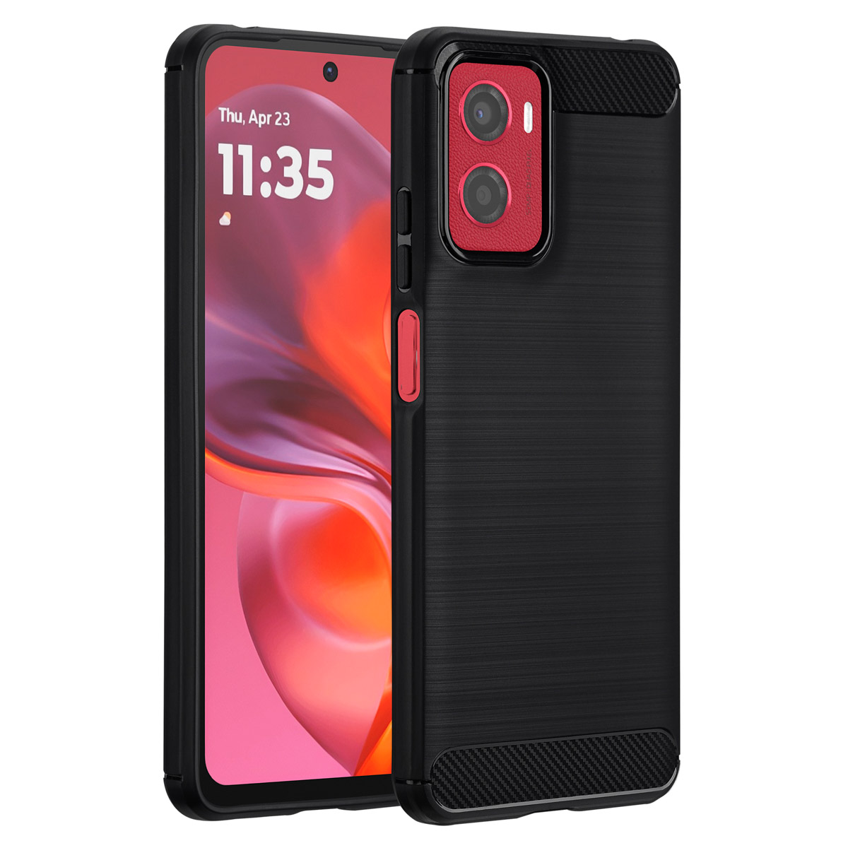 Coque de téléphone noire avec zone caméra rouge. Écran de téléphone visible. Texte : Jeu 23 avril, 11h35.