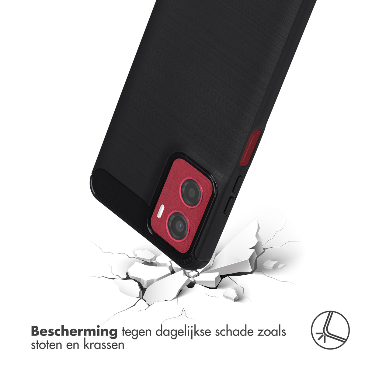 Coque noire avec zone caméra rouge, téléphone tombant, surface fissurée. Texte : Protection contre les dommages quotidiens.