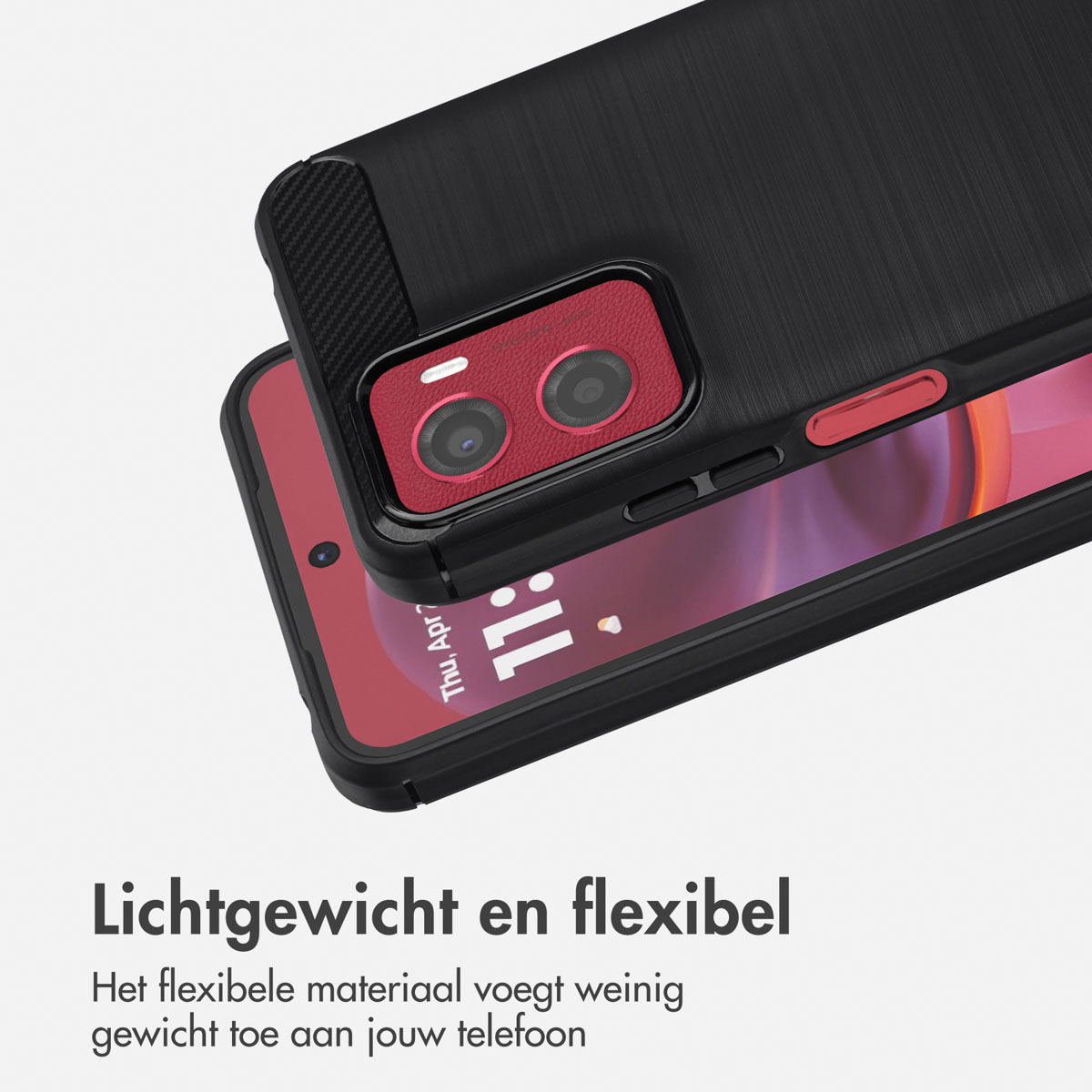 Coque noire avec zone caméra rouge, écran de téléphone. Texte: Léger et flexible. Le matériau ajoute peu de poids.