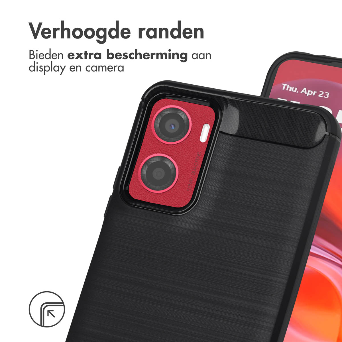 Coque noire avec zone caméra rouge, écran de téléphone visible. Texte: Les bords surélevés offrent une protection.