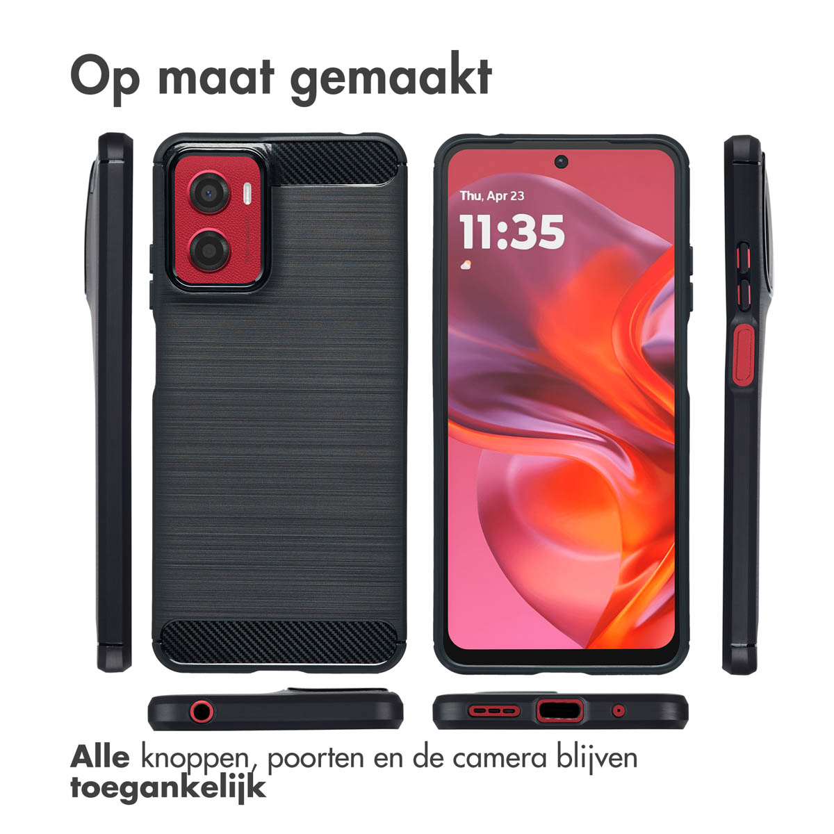 Coque noire avec zone caméra rouge, téléphone sous différents angles. Texte : Fabriqué sur mesure. Tous les boutons sont accessibles.
