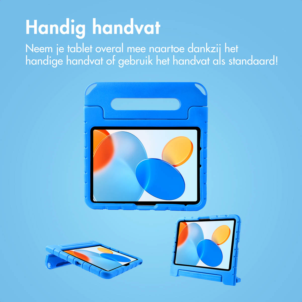 Blue tablet case with handle and stickers. Another tablet case next to it.